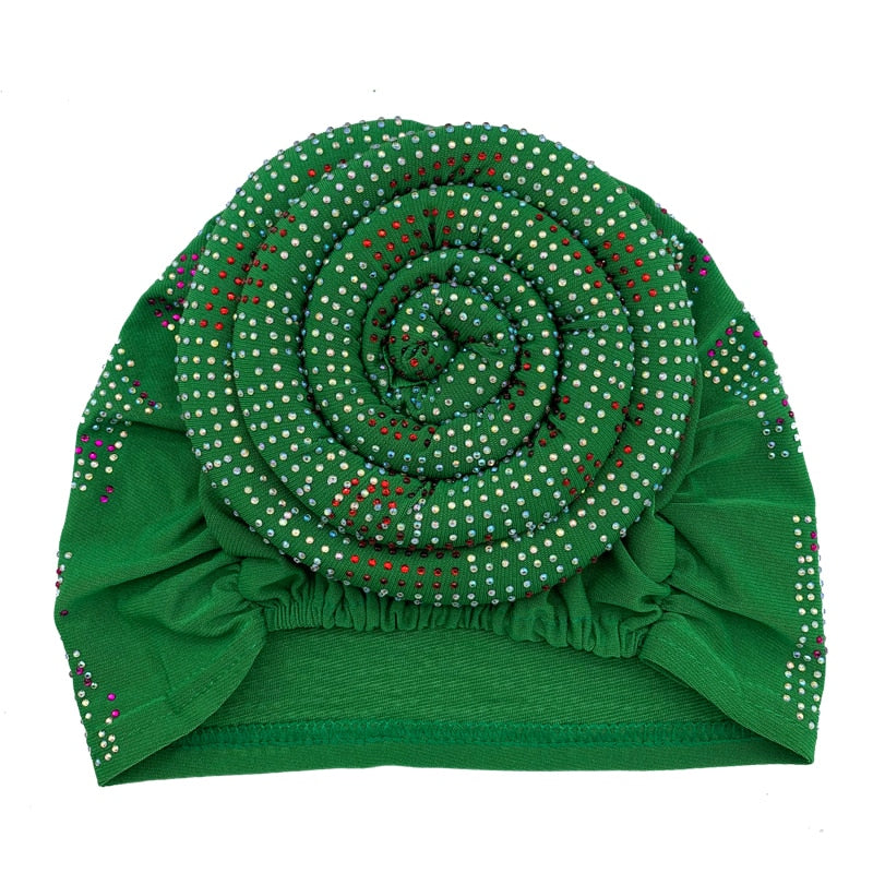 New Women's Pleated Turban Cap with Padded Diamonds Design Elastic Muslim Headscarf Bonnet African Headwrap India Hats