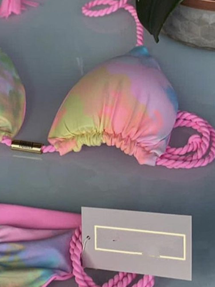 RUOTONGSEPT 2022 New Gradient Print Swimsuit Sexy Brazilian Braided rope Women Swimwear Micro Bikini Set Triangle Beach Biquinis