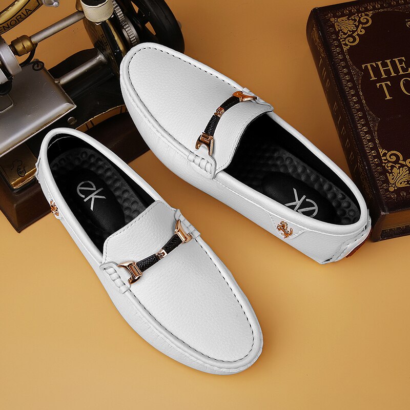 White Loafers Men Handmade Leather Shoes Black Casual Driving Flats Blue Slip-On Moccasins Boat Shoes Plus Size 46 47 48