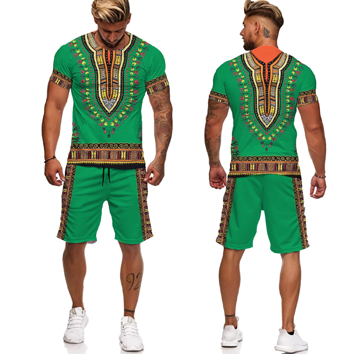 Chic Style Men's African Totem Printed T-Shirt Set - Plus Size Male Ethnic Primitive Tribal Printed Tracksuit