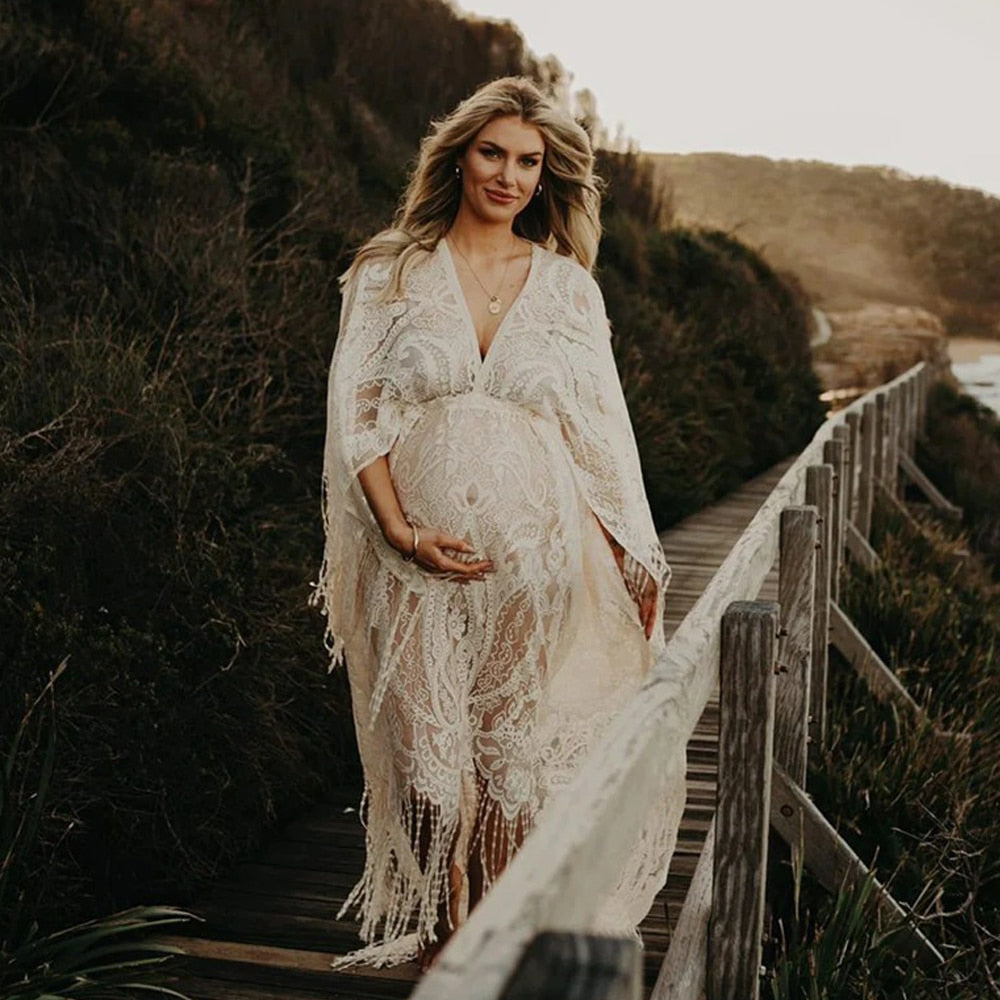 Maternity Gowns For Photo Shoot Photography Studio Props Pregnancy Photoshoot Dress Boho Style Long Bohemian Lace Maxi Tassel