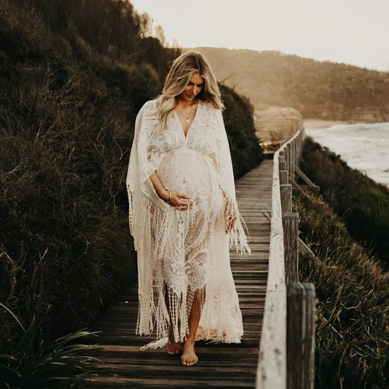 Maternity Gowns For Photo Shoot Photography Studio Props Pregnancy Photoshoot Dress Boho Style Long Bohemian Lace Maxi Tassel