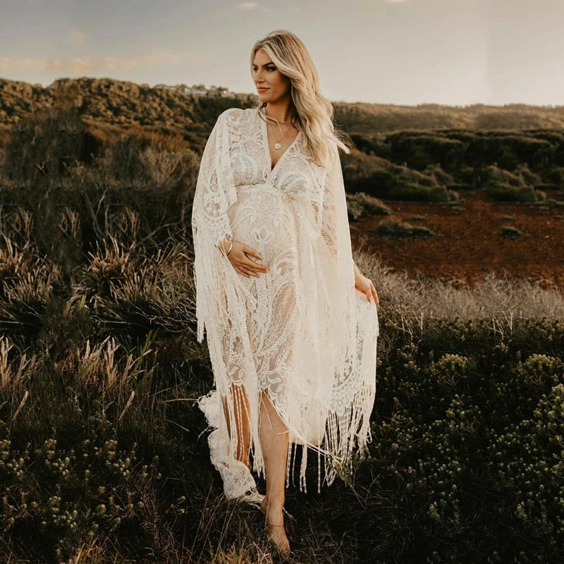 Maternity Gowns For Photo Shoot Photography Studio Props Pregnancy Photoshoot Dress Boho Style Long Bohemian Lace Maxi Tassel