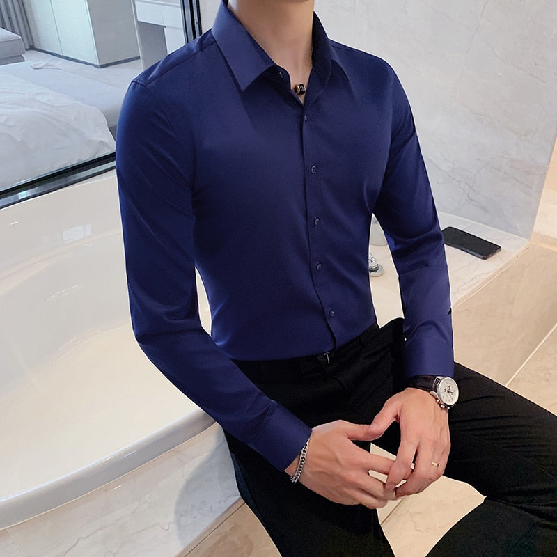 New Men's Slim Fit Long Sleeve Shirt - Fashionable Korea Styles, Available in Small Sizes for Casual and Social Occasions, in Yellow, Green, and White.