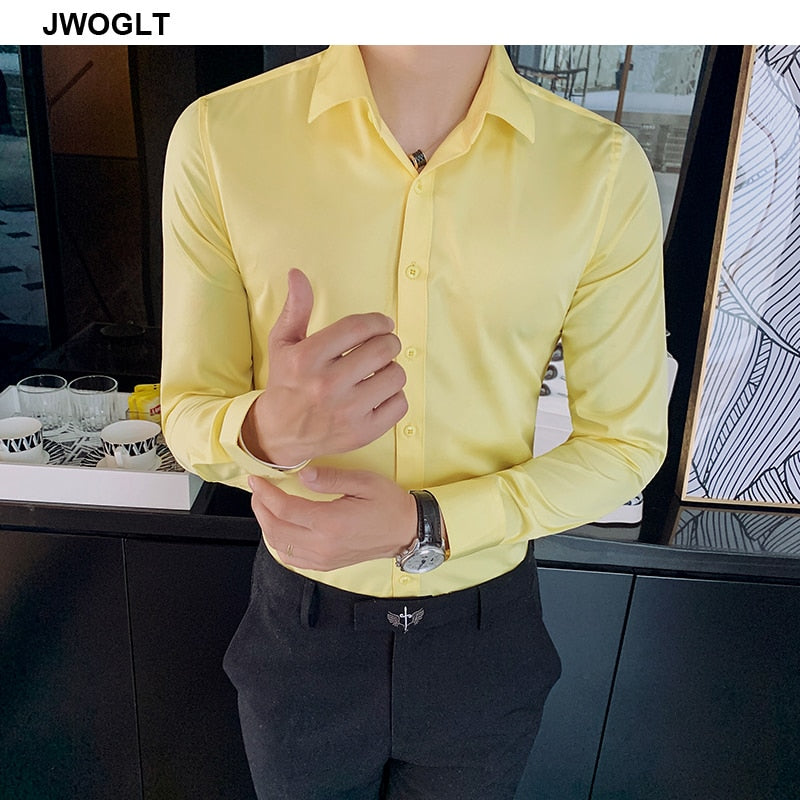 New Men's Slim Fit Long Sleeve Shirt - Fashionable Korea Styles, Available in Small Sizes for Casual and Social Occasions, in Yellow, Green, and White.