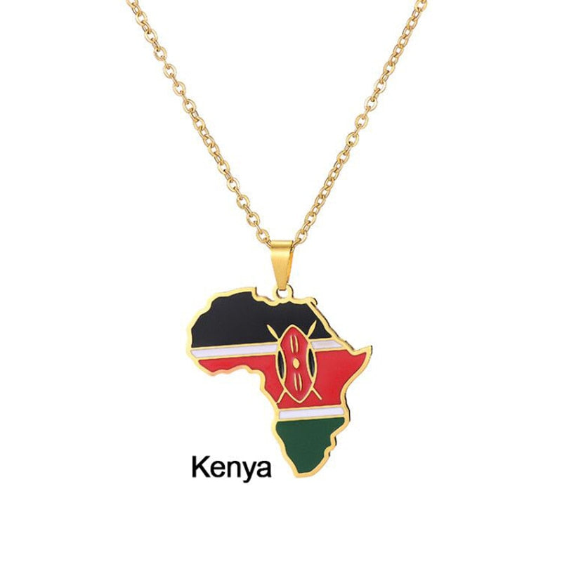 Africa Map Flag Pendant Necklace Gold Color Stainless Steel Ghana Nigeria Congo Somalia Angola Liberia African Jewelry Gift