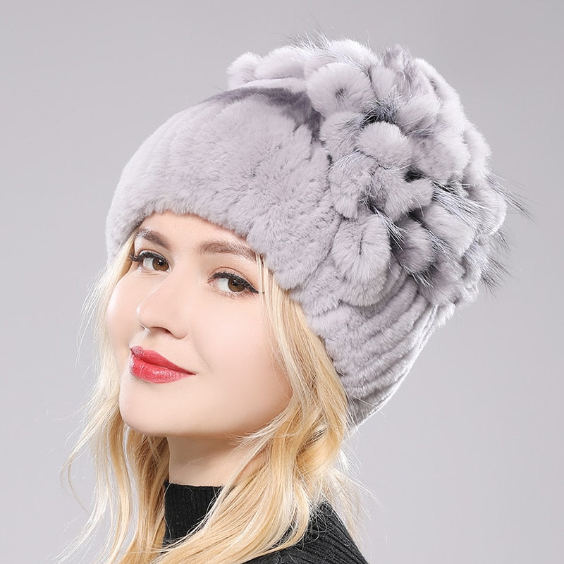 Brand Women Genuine Rex Rabbit Fur Hats Winter Rex Rabbit Fur Beanies Striped Top Flower Fox Fur Warm Real Fur Knit Caps