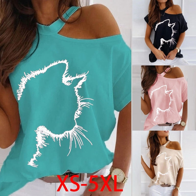 Women Tops Sexy Off Shoulder Summer T-Shirts Casual Print T-Shirt Short Sleeve O-neck Pullovers Tops Fashion Street Tee