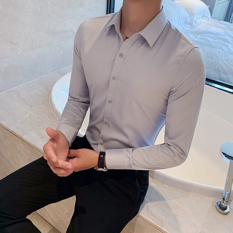 New Men's Slim Fit Long Sleeve Shirt - Fashionable Korea Styles, Available in Small Sizes for Casual and Social Occasions, in Yellow, Green, and White.