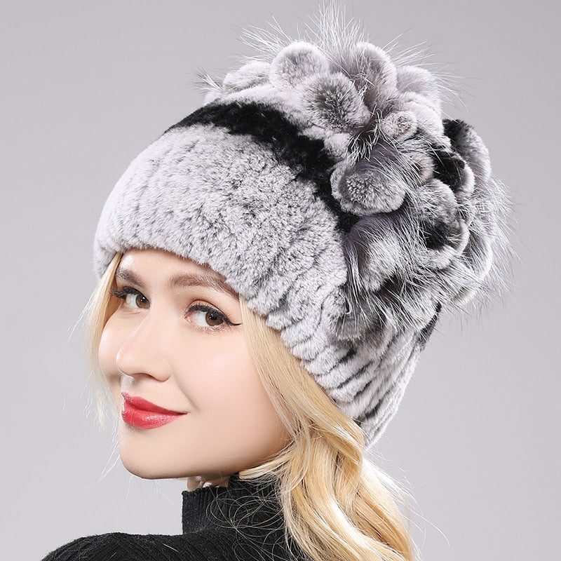 Brand Women Genuine Rex Rabbit Fur Hats Winter Rex Rabbit Fur Beanies Striped Top Flower Fox Fur Warm Real Fur Knit Caps