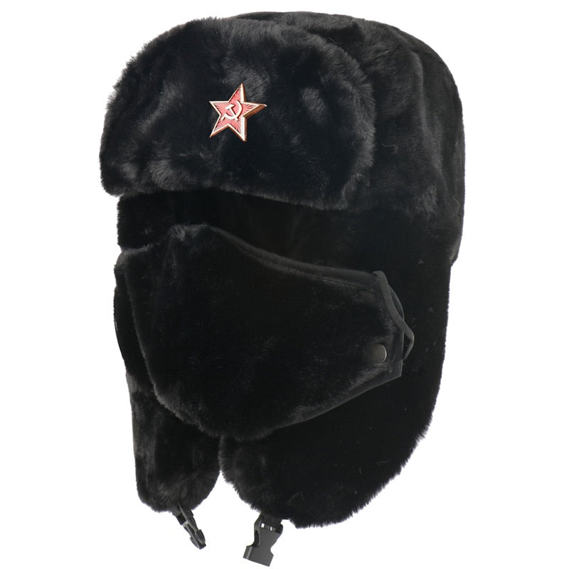 CAMOLAND Soviet Army Military Badge Bomber Hat Chapka Men Women Russia Ushanka Hats Faux Rabbit Fur Earflap Snow Trapper Hats