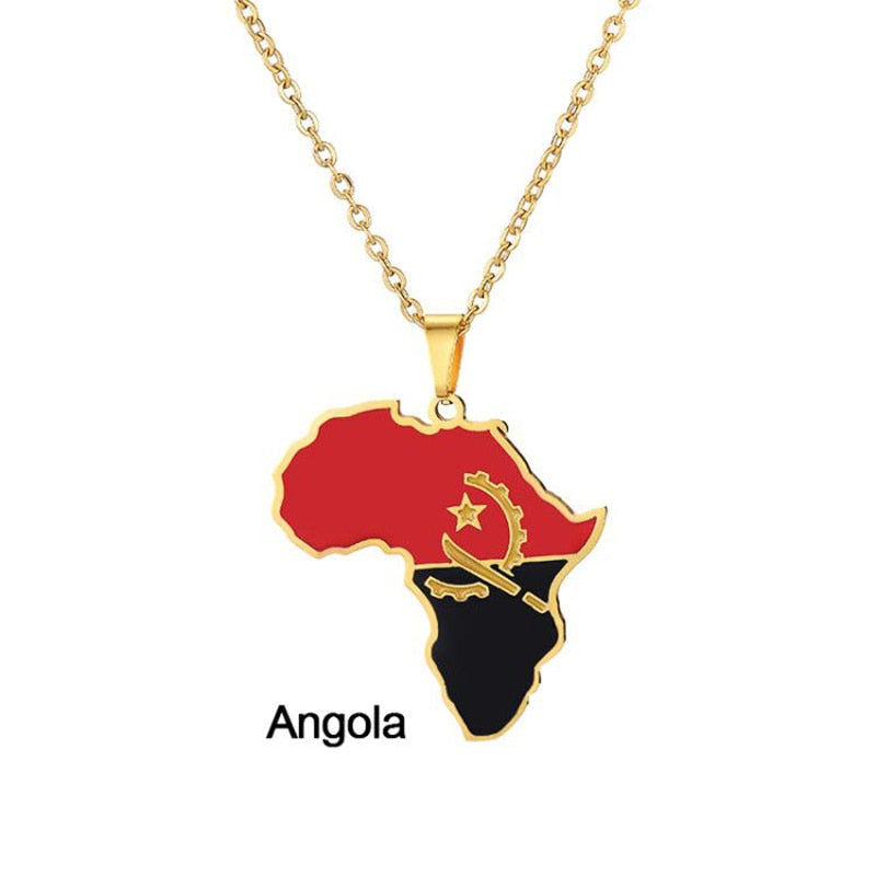 Africa Map Flag Pendant Necklace Gold Color Stainless Steel Ghana Nigeria Congo Somalia Angola Liberia African Jewelry Gift