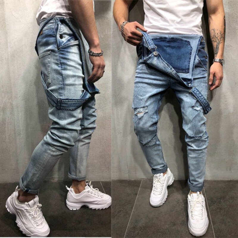 Fashion MenRipped Jeans Jumpsuits Ankle Length Letter printing Distressed Denim Bib Overalls For Men jeans Suspender Pants