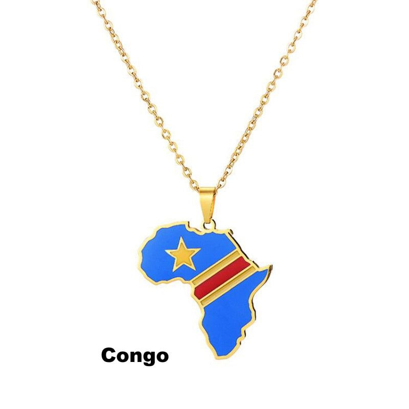 Africa Map Flag Pendant Necklace Gold Color Stainless Steel Ghana Nigeria Congo Somalia Angola Liberia African Jewelry Gift