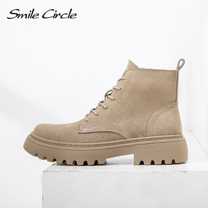 Smile Circle Ankle Boots Suede Leather women Flat platform Short Boots Ladies shoes fashion Autumn winter boots