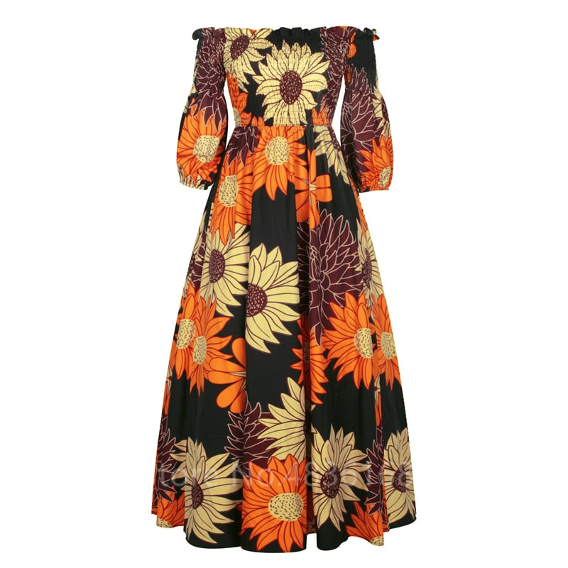 African National Print Party Dress Women Casual Sexy Slash-neck Lady Maxi Dress New Vintage Long-sleeved Loose Elegant Dresses