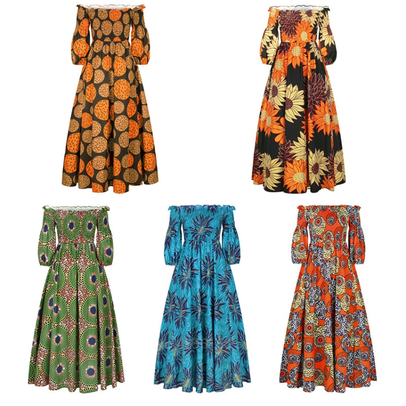 African National Print Party Dress Women Casual Sexy Slash-neck Lady Maxi Dress New Vintage Long-sleeved Loose Elegant Dresses