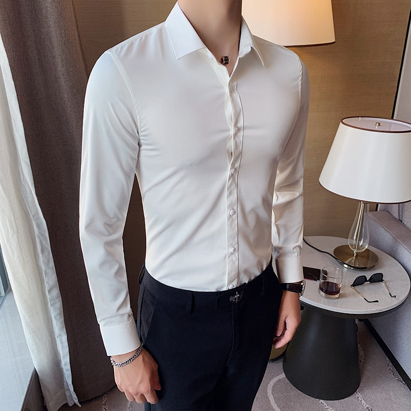 New Men's Slim Fit Long Sleeve Shirt - Fashionable Korea Styles, Available in Small Sizes for Casual and Social Occasions, in Yellow, Green, and White.