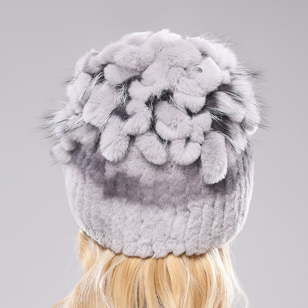 Brand Women Genuine Rex Rabbit Fur Hats Winter Rex Rabbit Fur Beanies Striped Top Flower Fox Fur Warm Real Fur Knit Caps