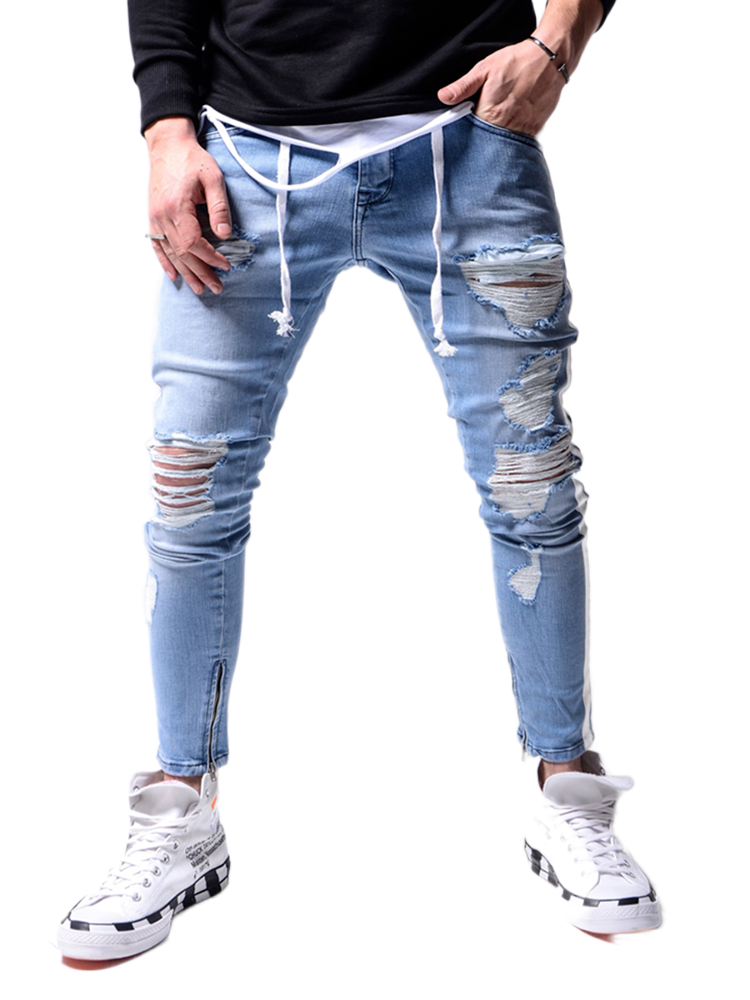 Men's Ripped Pencil Pants Men Skinny Denim Biker Side Striped Jeans Men's Fashion Foot Mouth Zipper Hip-Hop Slim Denim Trousers