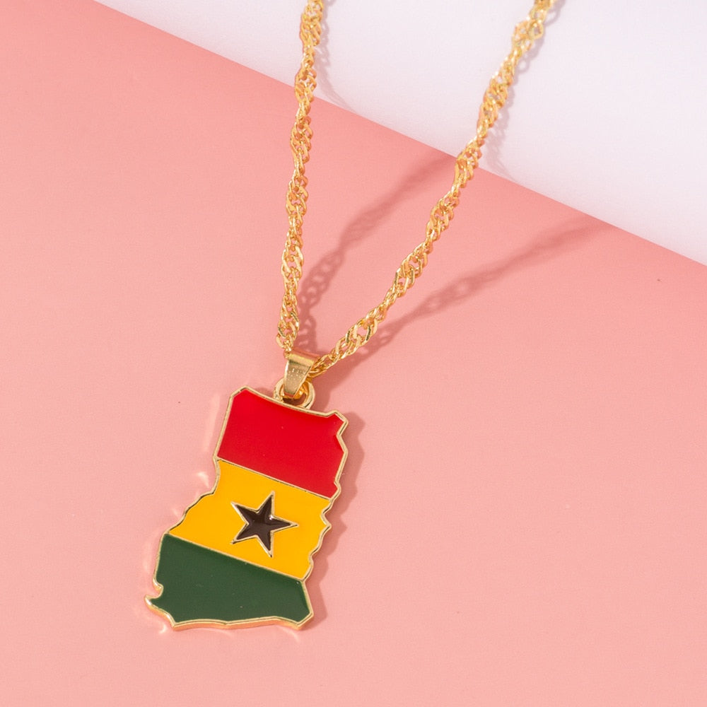 New Fashion Country Map Flag Necklace for Woman Man Liberia Haiti Jamaica Ghana Guinea Nigeria Alloy Pendant Chain Jewelry 2020