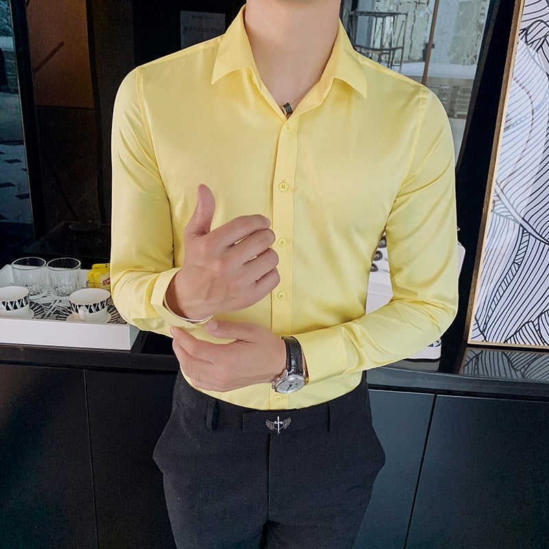 New Men's Slim Fit Long Sleeve Shirt - Fashionable Korea Styles, Available in Small Sizes for Casual and Social Occasions, in Yellow, Green, and White.