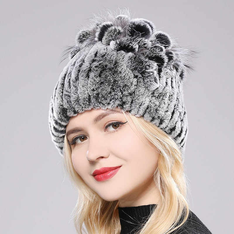 Brand Women Genuine Rex Rabbit Fur Hats Winter Rex Rabbit Fur Beanies Striped Top Flower Fox Fur Warm Real Fur Knit Caps