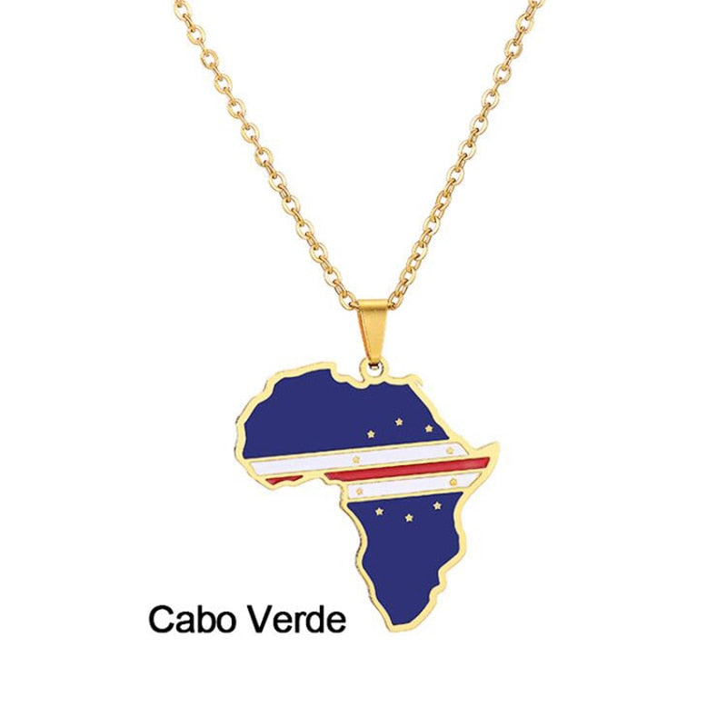 Africa Map Flag Pendant Necklace Gold Color Stainless Steel Ghana Nigeria Congo Somalia Angola Liberia African Jewelry Gift