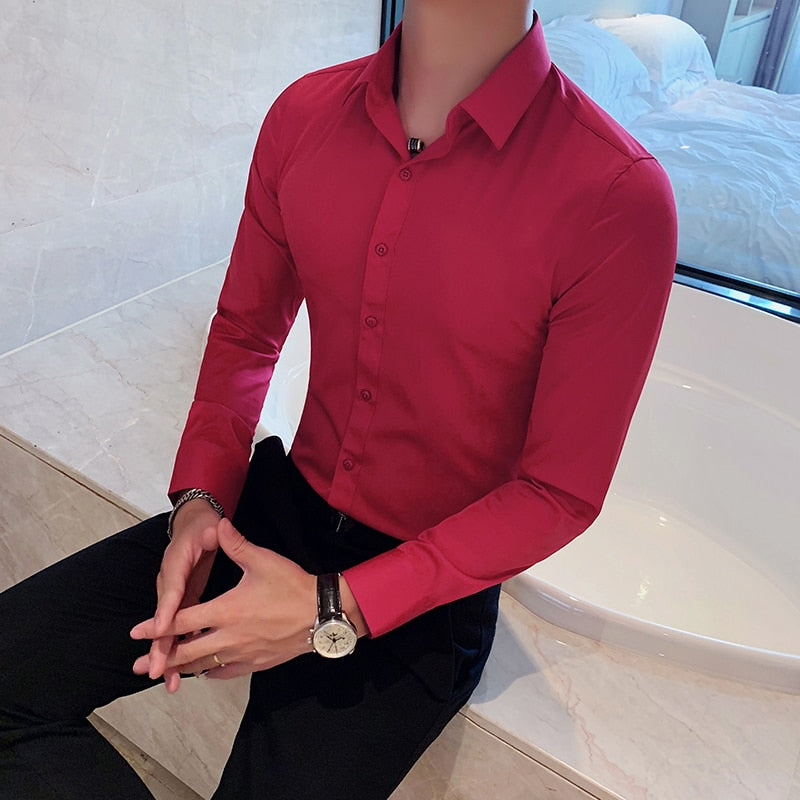 New Men's Slim Fit Long Sleeve Shirt - Fashionable Korea Styles, Available in Small Sizes for Casual and Social Occasions, in Yellow, Green, and White.