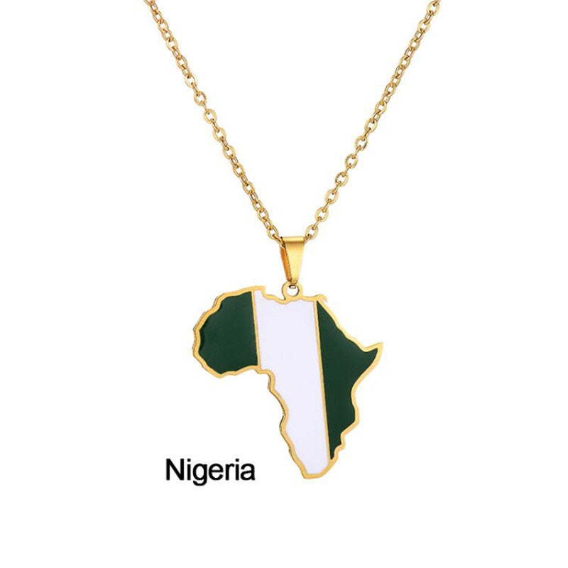 Africa Map Flag Pendant Necklace Gold Color Stainless Steel Ghana Nigeria Congo Somalia Angola Liberia African Jewelry Gift