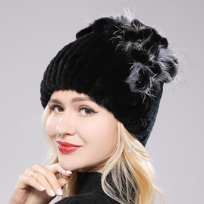 Brand Women Genuine Rex Rabbit Fur Hats Winter Rex Rabbit Fur Beanies Striped Top Flower Fox Fur Warm Real Fur Knit Caps