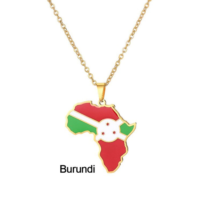 Africa Map Flag Pendant Necklace Gold Color Stainless Steel Ghana Nigeria Congo Somalia Angola Liberia African Jewelry Gift