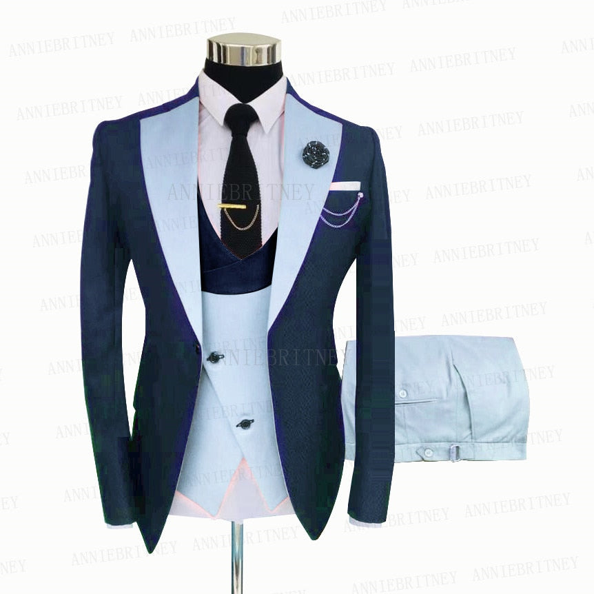 Fashion Wedding Suit For Men Gray Coat Blue Vest Pant Custom Made Plus Size Man Formal Tuxedo trajes de hombre costume homme 턱시도