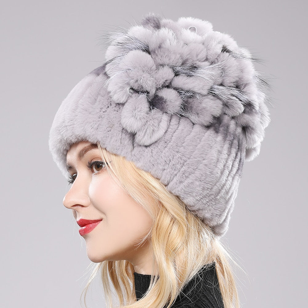 Brand Women Genuine Rex Rabbit Fur Hats Winter Rex Rabbit Fur Beanies Striped Top Flower Fox Fur Warm Real Fur Knit Caps