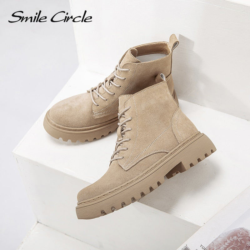 Smile Circle Ankle Boots Suede Leather women Flat platform Short Boots Ladies shoes fashion Autumn winter boots