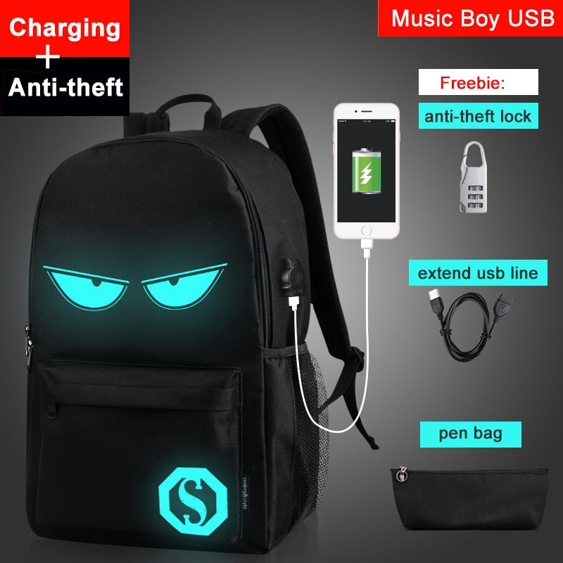 Noctilucent Cartoon Teenager Backpack School Bags for boy Night Lighting Bags with free USB+Pen Bag+Antitheft Lock