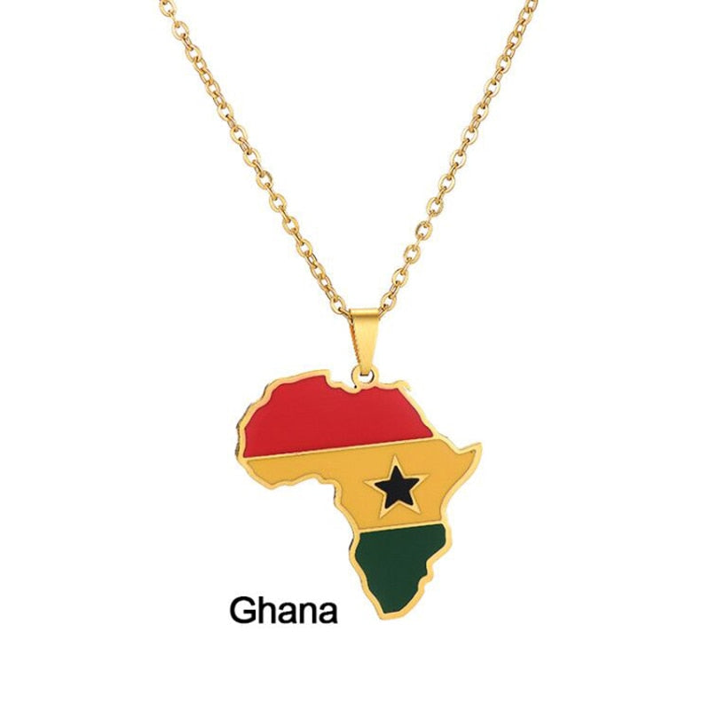 Africa Map Flag Pendant Necklace Gold Color Stainless Steel Ghana Nigeria Congo Somalia Angola Liberia African Jewelry Gift