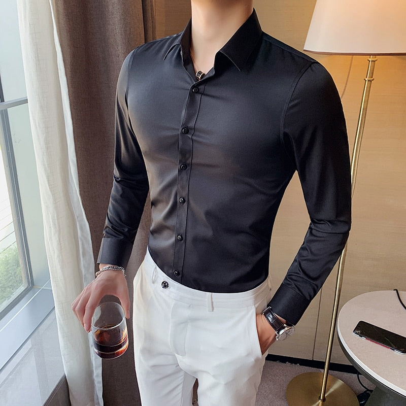 New Men's Slim Fit Long Sleeve Shirt - Fashionable Korea Styles, Available in Small Sizes for Casual and Social Occasions, in Yellow, Green, and White.