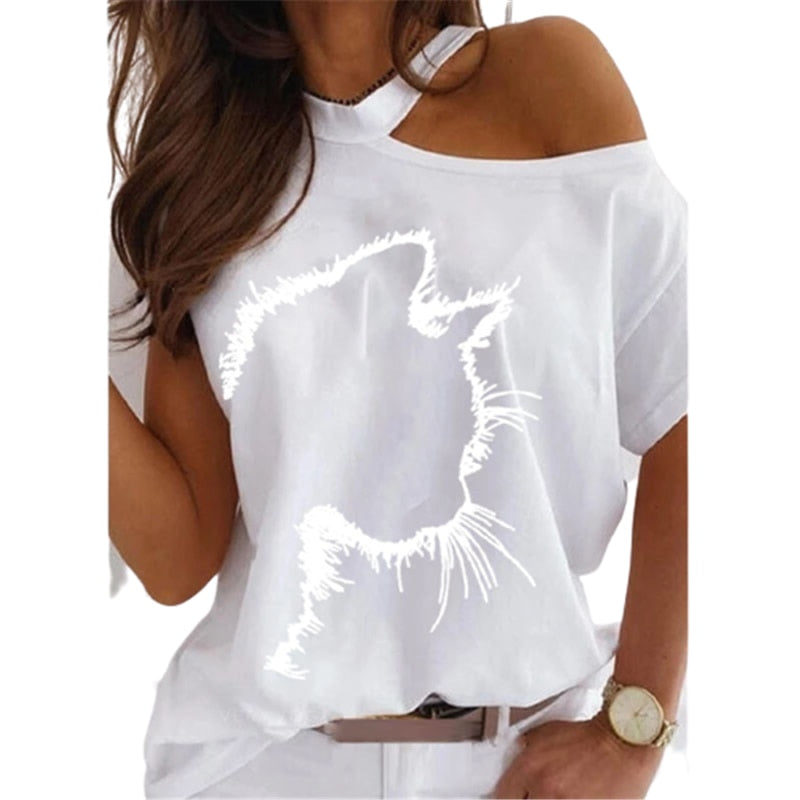 Women Tops Sexy Off Shoulder Summer T-Shirts Casual Print T-Shirt Short Sleeve O-neck Pullovers Tops Fashion Street Tee