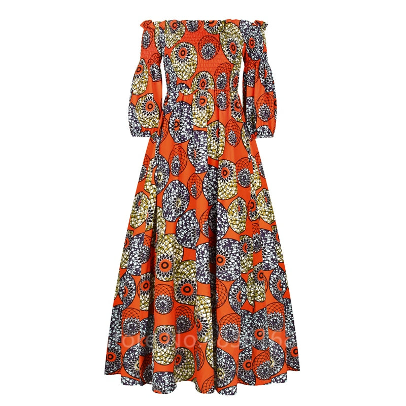 African National Print Party Dress Women Casual Sexy Slash-neck Lady Maxi Dress New Vintage Long-sleeved Loose Elegant Dresses