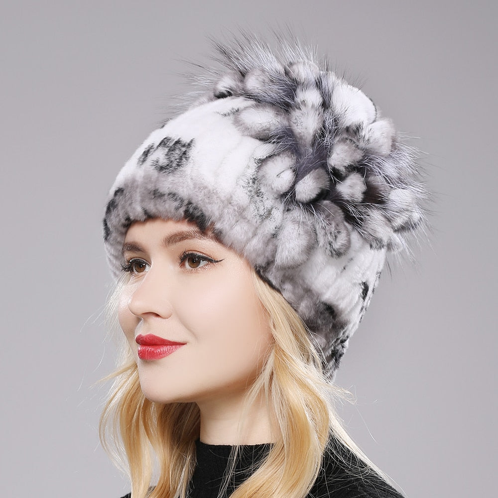 Brand Women Genuine Rex Rabbit Fur Hats Winter Rex Rabbit Fur Beanies Striped Top Flower Fox Fur Warm Real Fur Knit Caps