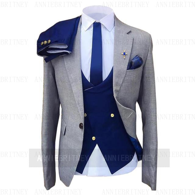 Fashion Wedding Suit For Men Gray Coat Blue Vest Pant Custom Made Plus Size Man Formal Tuxedo trajes de hombre costume homme 턱시도