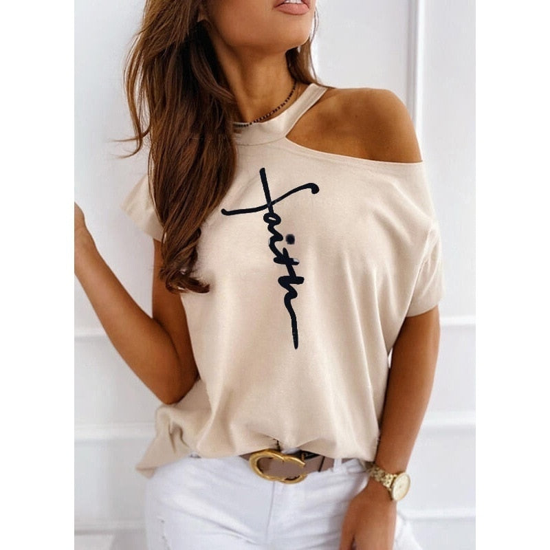 Women Tops Sexy Off Shoulder Summer T-Shirts Casual Print T-Shirt Short Sleeve O-neck Pullovers Tops Fashion Street Tee