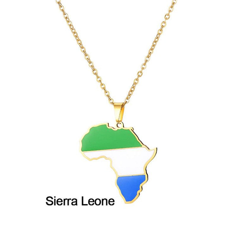 Africa Map Flag Pendant Necklace Gold Color Stainless Steel Ghana Nigeria Congo Somalia Angola Liberia African Jewelry Gift