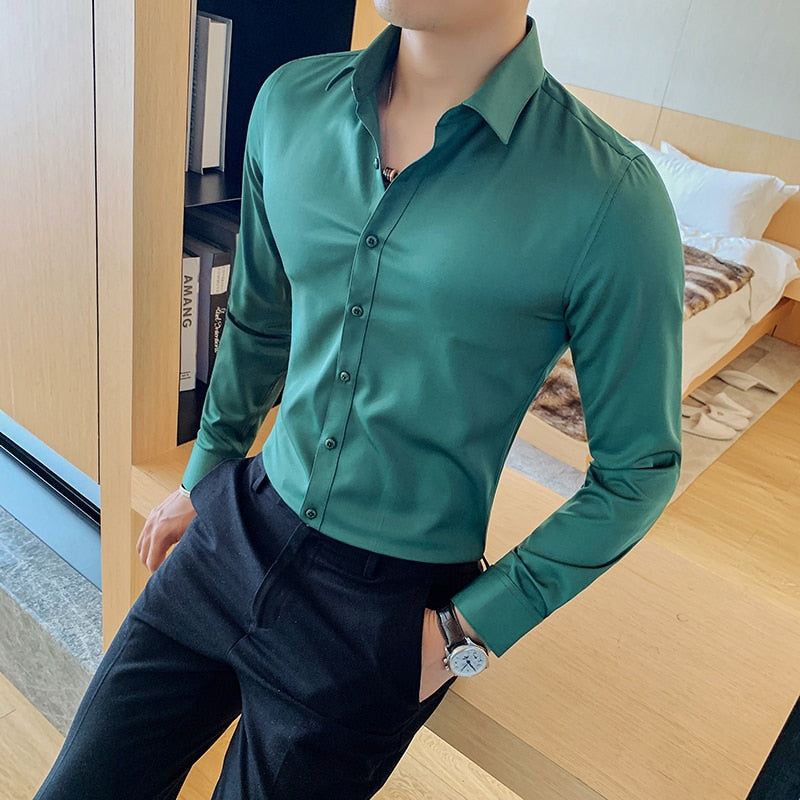 New Men's Slim Fit Long Sleeve Shirt - Fashionable Korea Styles, Available in Small Sizes for Casual and Social Occasions, in Yellow, Green, and White.