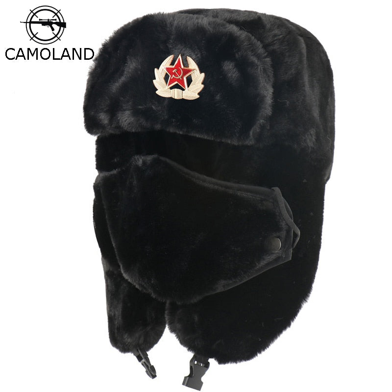 CAMOLAND Soviet Army Military Badge Bomber Hat Chapka Men Women Russia Ushanka Hats Faux Rabbit Fur Earflap Snow Trapper Hats