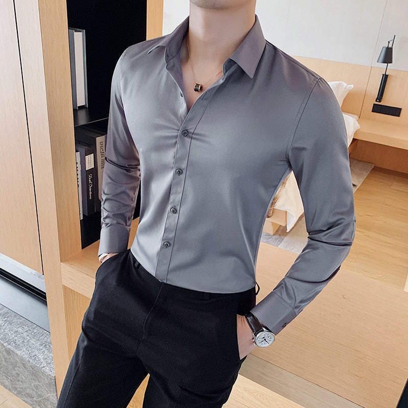 New Men's Slim Fit Long Sleeve Shirt - Fashionable Korea Styles, Available in Small Sizes for Casual and Social Occasions, in Yellow, Green, and White.