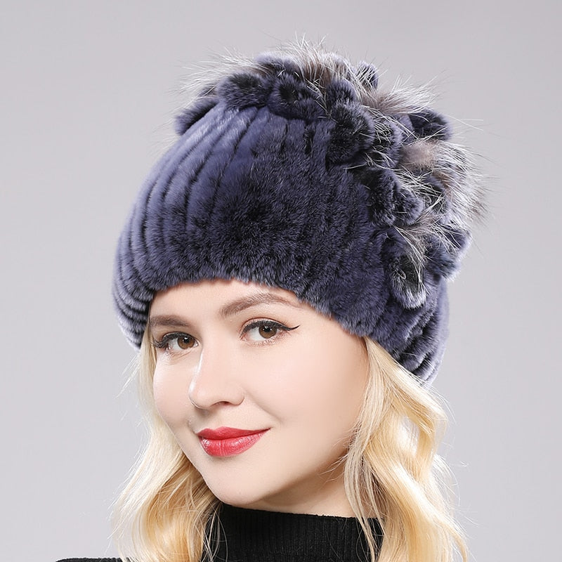 Brand Women Genuine Rex Rabbit Fur Hats Winter Rex Rabbit Fur Beanies Striped Top Flower Fox Fur Warm Real Fur Knit Caps