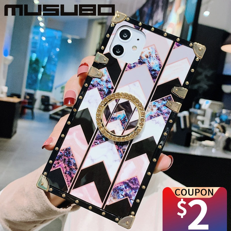 Luxury Silicon Ring Phone Case For iPhone 14 Plus 13 PRO 12 11 Pro Max XS XR SE 3 7 8 Plus Brand Coque Soft Square Cover Fundas