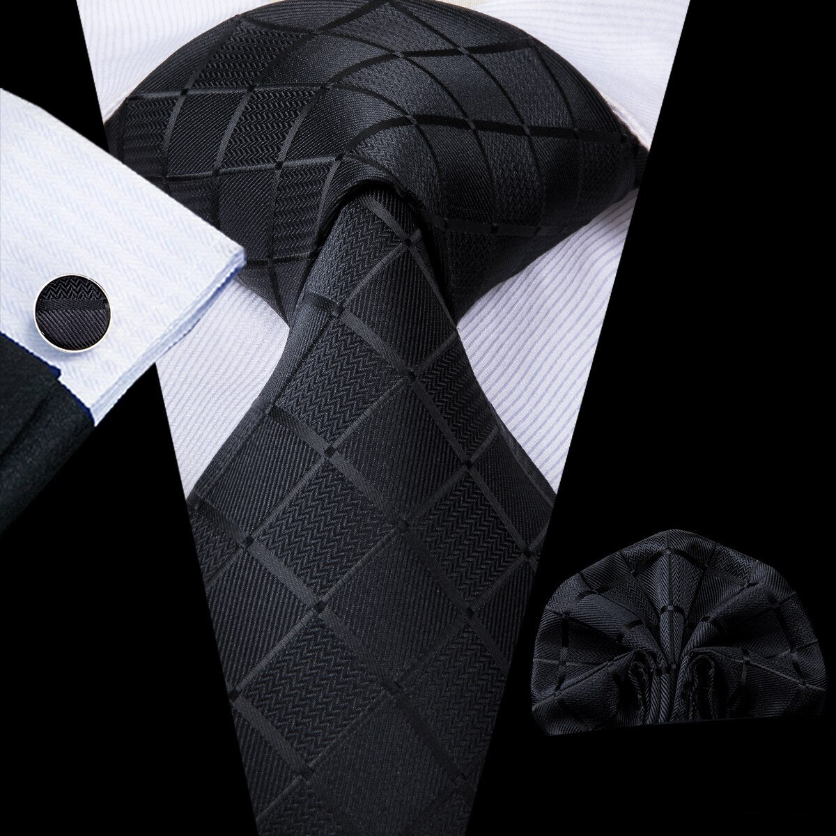 Hi-Tie Business Black Luxury Plaid Mens Tie Silk Neckties  Fashion Tie Chain Hanky Cufflinks Set Design Gift For Men Wedding